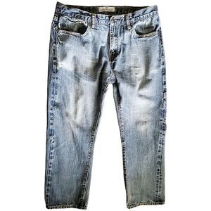 PETER MANNING Blue Denim Jeans Mens Street Wear Size 34W Straight Leg Distressed